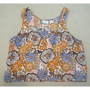 Nicole Miller Linen Crop Tank Top XL Boho Floral Casual Beach Wear